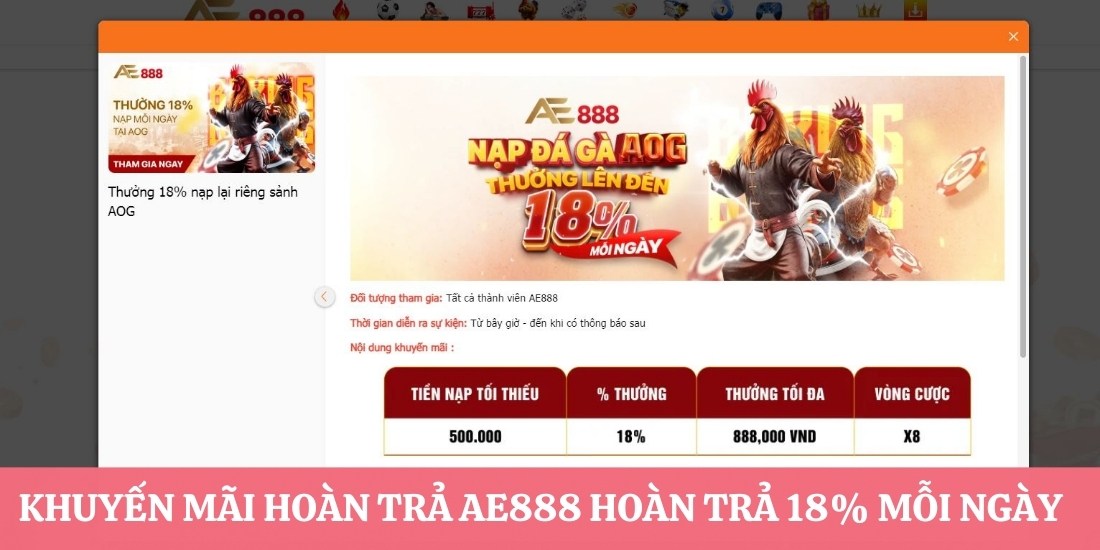 Khuyến mãi hoàn trả AE888 hoàn trả 18% mỗi ngày